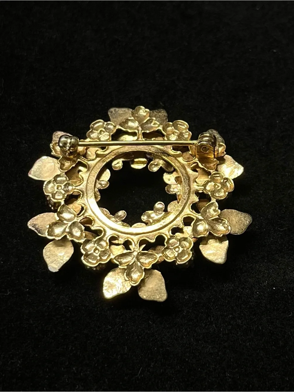 Vintage Purple Enamel Flower Wreath Brooch Pink Rhinestone Faux Pearl Pin